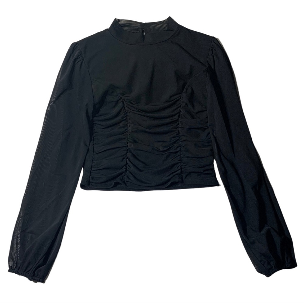 Black Mesh Ruched High Neck Crop Top